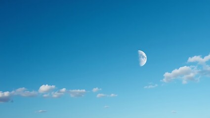 A serene view of the half moon in a bright blue sky with scattered white clouds in the background