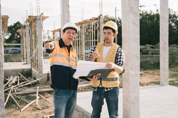 Male and female engineers who are Asian professionals in the construction industry focus on village...
