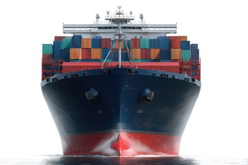 Large container ship at sea, front view