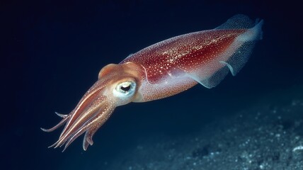 A squid gracefully swims in dark ocean depths, showcasing vibrant colors under soft lighting.