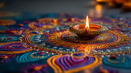 Diya Lamp on Vibrant Rangoli: A lit diya lamp, radiating a warm glow, sits atop a captivating rangoli design with rich hues. A spiritual celebration is perfectly captured.