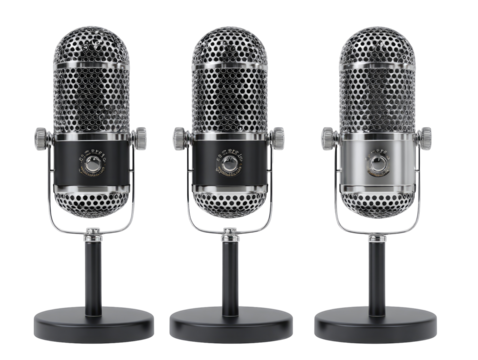 Three vintage-style microphones, each with a slightly different finish
