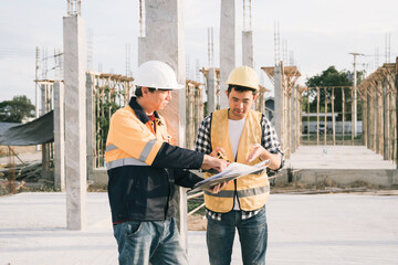 Male and female engineers who are Asian professionals in the construction industry focus on village...