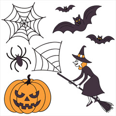  Halloween. Halloween Icon Set. Halloween set clipart vector. Halloween Flat Design Icon Set. Set of Halloween Pumpkins Silhouette.