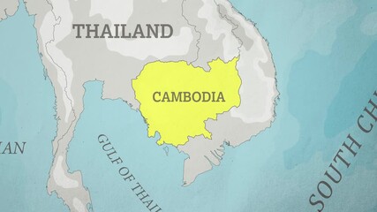 Basemap with a Zoom of the Cambodia Highlighted in Yellow. Generic World Map Animation