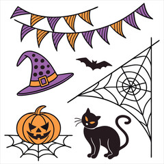  Halloween. Halloween Icon Set. Halloween set clipart vector. Halloween Flat Design Icon Set. Set of Halloween Pumpkins Silhouette.