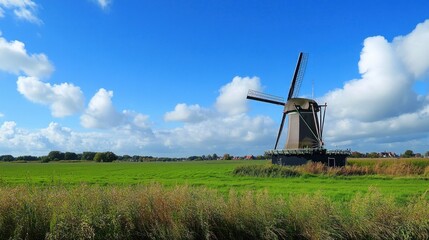 Dutch windmill in a vast green field under a partly cloudy sky