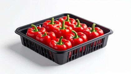 A dozen fresh red bell peppers packed in a black tray. Concept of fresh produce and healthy eating.