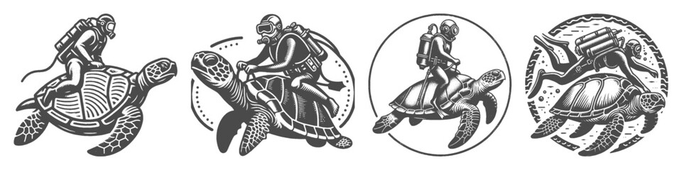 Vintage Hand-Drawn Diving with Turtle Collection Illustration, Ocean Wildlife Engraved Style Vector for T-Shirts and Marine Adventure Themes Design