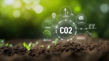 An illust n depicting CO2 emissions and environmental sustainability initiatives highlighting the importance of renewable energy green technologies and eco friendly practices for a healthier planet