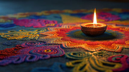 Glowing Lamp and Colorful Rangoli: A single, gracefully lit oil lamp, nestled amidst the vibrant, intricate patterns of a handcrafted rangoli, celebrates a rich cultural heritage.