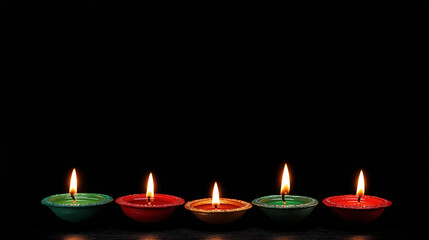 Candlelight Harmony: Five vibrant candles glow against a stark black backdrop, their flames dancing in unison. The scene whispers of serenity and introspection, capturing the quiet power of light.