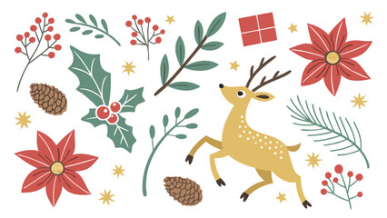A cheerful golden reindeer surrounded by festive holiday decorations including flowers, holly, and pine cones.