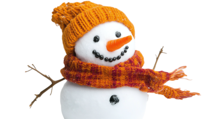 • A cute snowman with a carrot nose and scarf for winter, isolated on white background in HD 