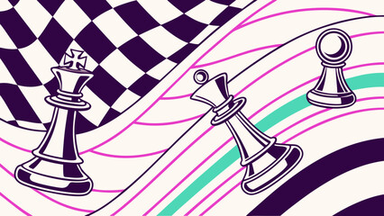 Stylized vector illustration of chess pieces on a purple and cream colored board, symbolizing strategy and competition.