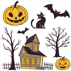 Halloween. Halloween Icon Set. Halloween set clipart vector. Halloween Flat Design Icon Set. Set of Halloween Pumpkins Silhouette.