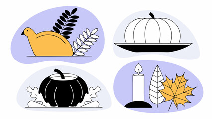 Fototapeta premium A vibrant autumn illustration featuring a turkey, pumpkin, candle, and colorful leaves, embodying the cozy spirit of the season.
