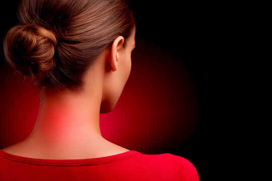 Rear view of woman with neck pain highlighted in red, symbolizing inflammation or muscle tension, on a dark background. Concept of cervical pain, injury, or stress.