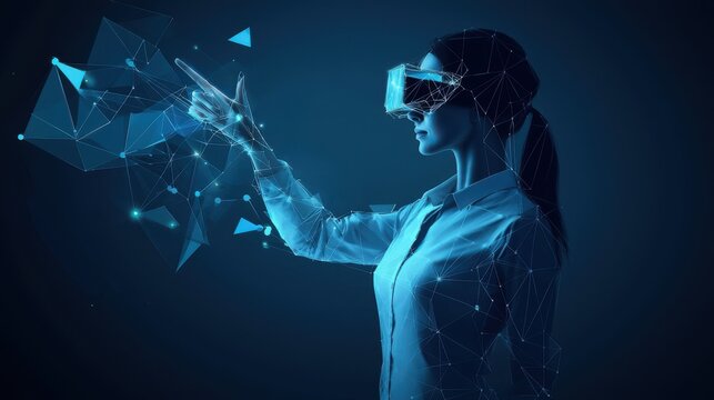 A woman wearing a virtual reality headset interacting with a holographic display of geometric shapes and data visualizations in a dark futuristic environment