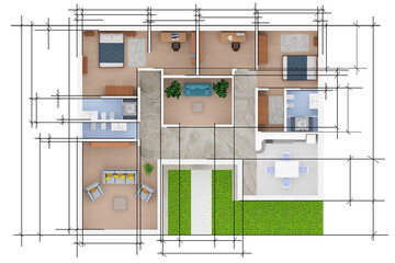PNG; Trasparente. Progetto di costruzione e ristrutturazione di casa. Architettura, disposizione e configurazione delle stanze e dell'arredamento di moderna abitazione. 