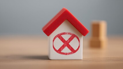 Real estate foreclosure crisis, Model house with a prohibition symbol, symbolizing restrictions on housing or real estate.