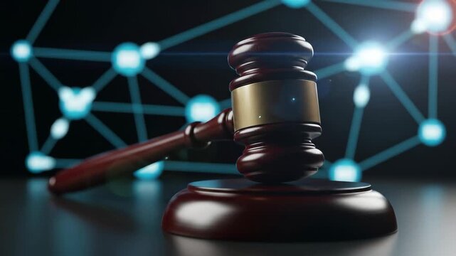 Digital gavel justice. Gavel with digital network background symbolizing law and technology connection modern concept of justice and legal system