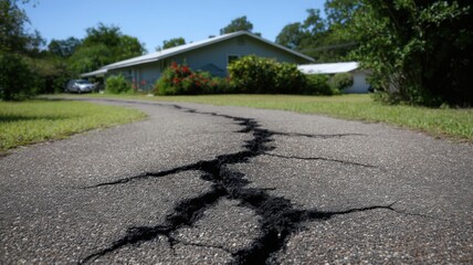 Real estate foreclosure crisis, Cracked pavement leads to a house, highlighting ground movement and potential environmental issues.