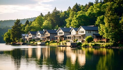 Obraz premium Lakeside homes reflect in calm water at sunrise