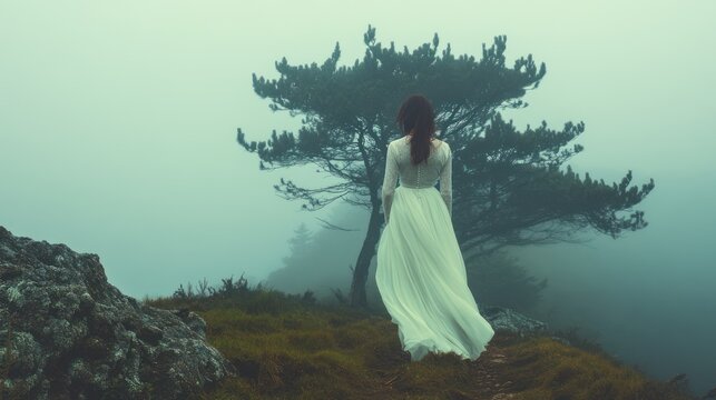 Woman in white gown walks misty path