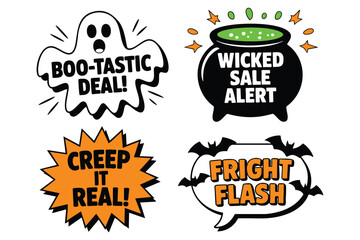 Obraz premium Halloween-themed graphic design elements: ghost, cauldron, speech bubbles with text