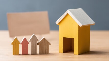Real estate foreclosure crisis, Colorful wooden houses on a table, with a blank space in the background for text or decoration.