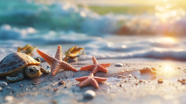Cute starfish scattered along calm coastal sunrise scene high resolution picture
