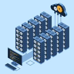 Fototapeta premium Isometric monitoring big data storage. Data transmission technology. Online hosting technology concept. Isometric technology