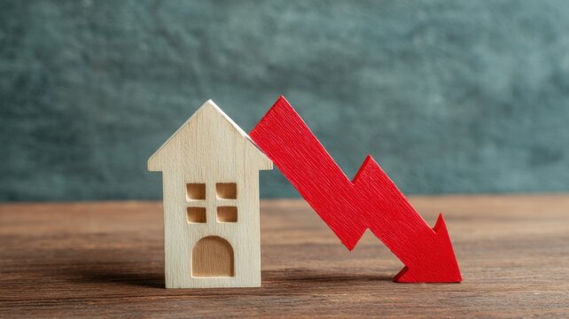 Real estate foreclosure crisis, A wooden house model with a downward arrow, symbolizing a decline in the housing market.