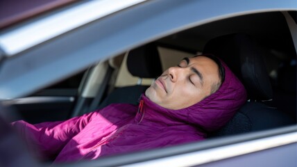 Real estate foreclosure crisis, A person wearing a purple jacket is sleeping inside a car, resting comfortably with eyes closed.