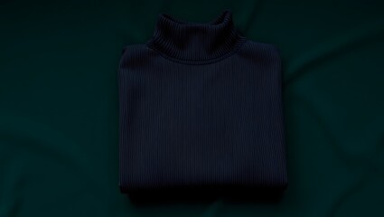 A folded dark blue turtleneck sweater on a green surface with soft lighting creating shadows around it