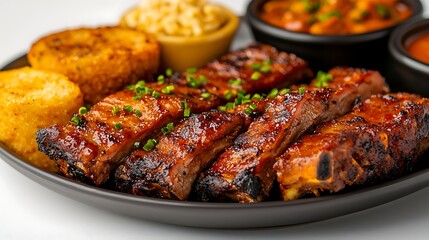 Fototapeta premium Delicious grilled ribs with sides and toppings