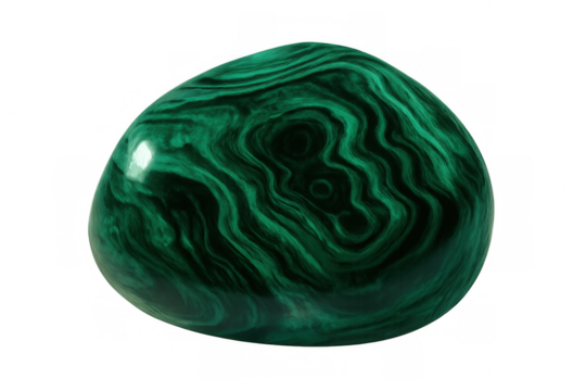 Polished malachite gemstone showing concentric bands of light and dark green on transparent background