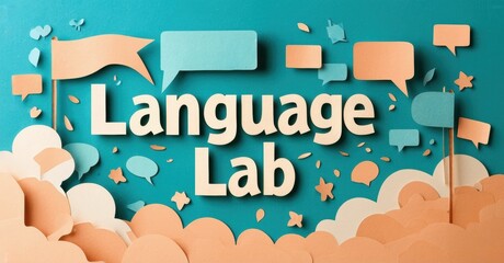 Papercraft design features Language Lab text. Clouds, speech bubbles, stars create playful learning environment. Bright colors dominate composition.