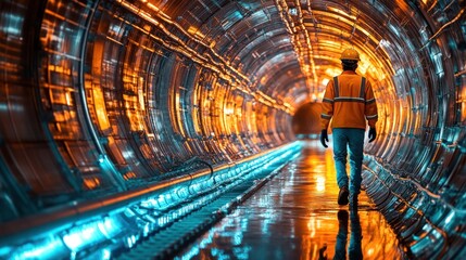 Worker in futuristic tunnel. Vibrant colors