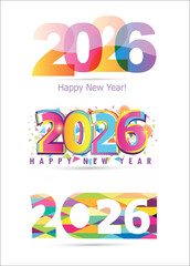 2026 Happy New Year logo text design. 2026 number design template. Collection of 2026 Happy New Year symbols. Vector illustration with black labels isolated on white background.
