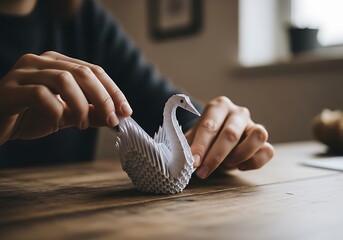 Delicate paper swan origami being carefully crafted by a skilled artisan hands