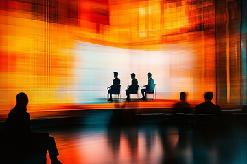Abstract depiction of a panel discussion against a dynamic colorful backdrop