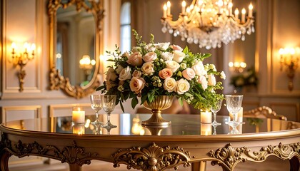 Ornate table displays a lavish floral arrangement, candles, and glassware in an elegant room