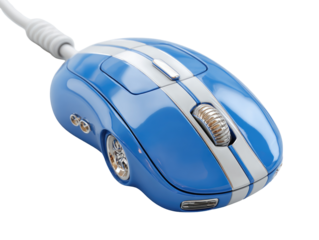 A stylized blue computer mouse, resembling a vintage race car.  It features white racing stripes, and small, detailed wheels.  The cord is visible