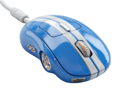 A stylized blue computer mouse, resembling a vintage race car.  It features white racing stripes, and small, detailed wheels.  The cord is visible