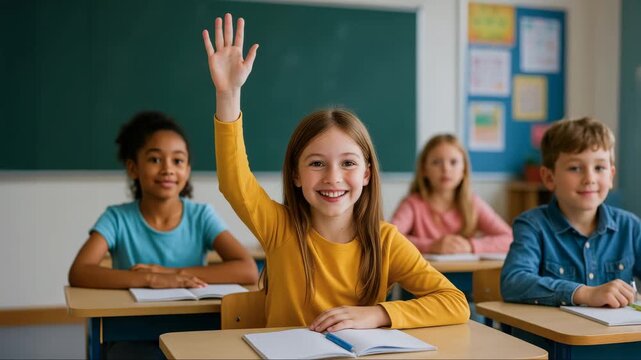 Happy young girl raising her hand during class while seated at a desk with classmates. Bright classroom environment. Education and engagement.