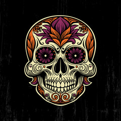 Vibrant sugar skull illustration with intricate floral designs and swirls, set against a dark, textured background, ideal for Day of the Dead themes.