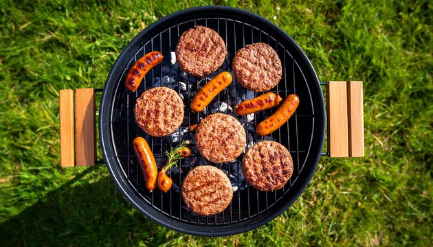 Grilled burgers and sausages on a barbecue