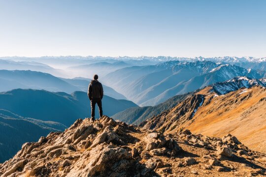 Man on mountaintop overlooking vast valley - Powered by Adobe